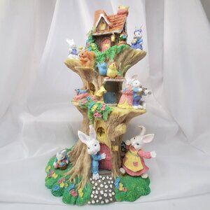 Vintage Rabbit Treehouse Figurine With Woodland Animals 11" Tall Resin Easter